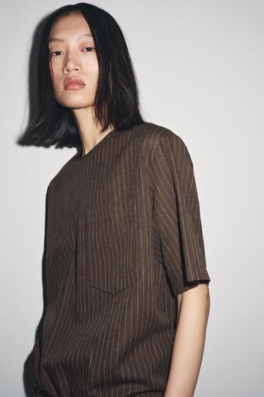 ZW COLLECTION STRIPED LINEN BLEND TOP - Brown / Ecru by Zara - Image 1