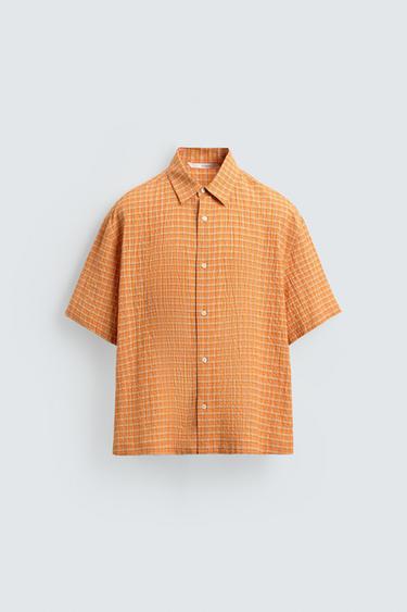 Zara RELAXED FIT TEXTURED PLAID SHIRT - Oranges