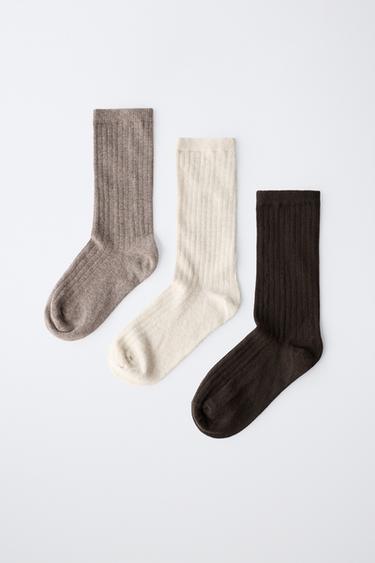 Zara THREE-PACK RIBBED MID-CALF SOCKS - Light beige