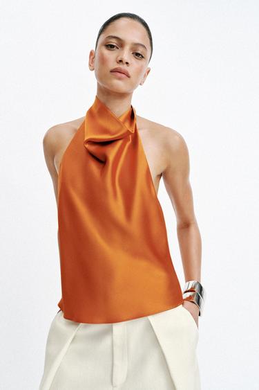 SATIN HALTER TOP - Orange by Zara
