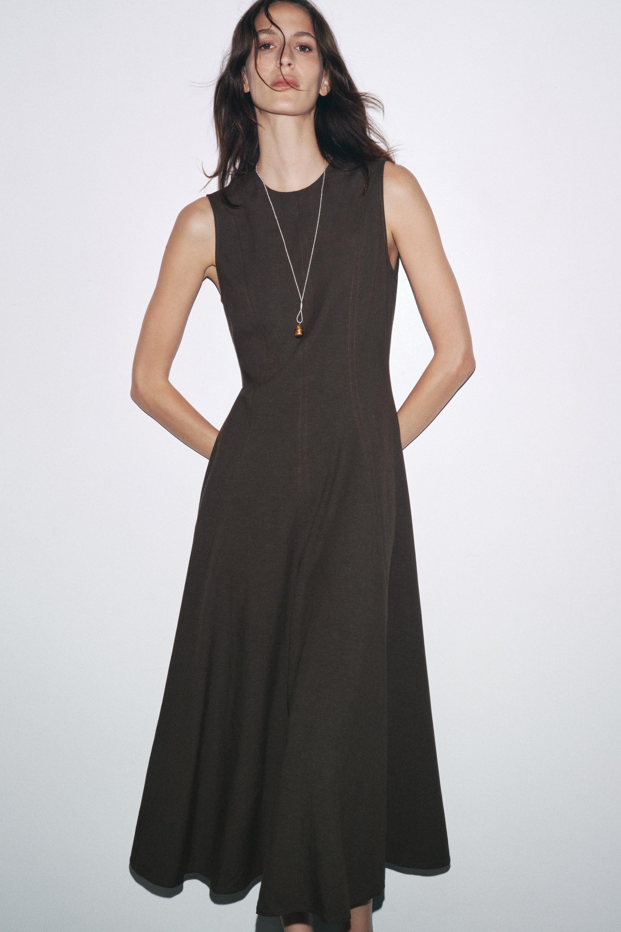 Prendas Zara Vestido Lino Negro VESTIDO MIDI MANGA SISA ZW