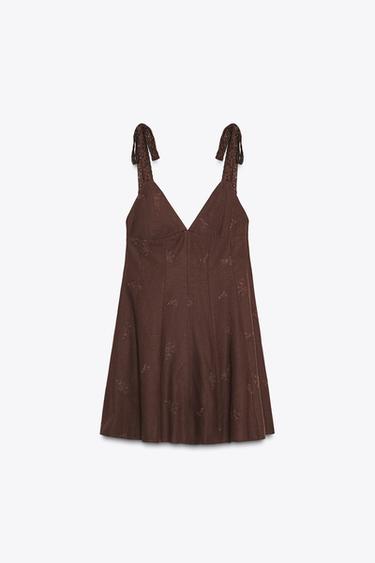 SHORT EMBROIDERED DRESS - Brown by Zara - Image 4