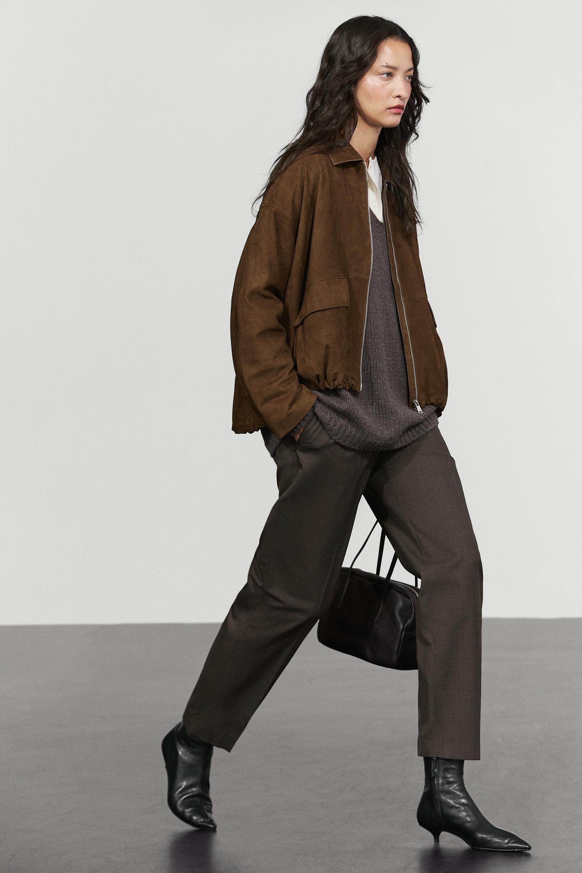 Blouson bomber oversize en cuir et daim
