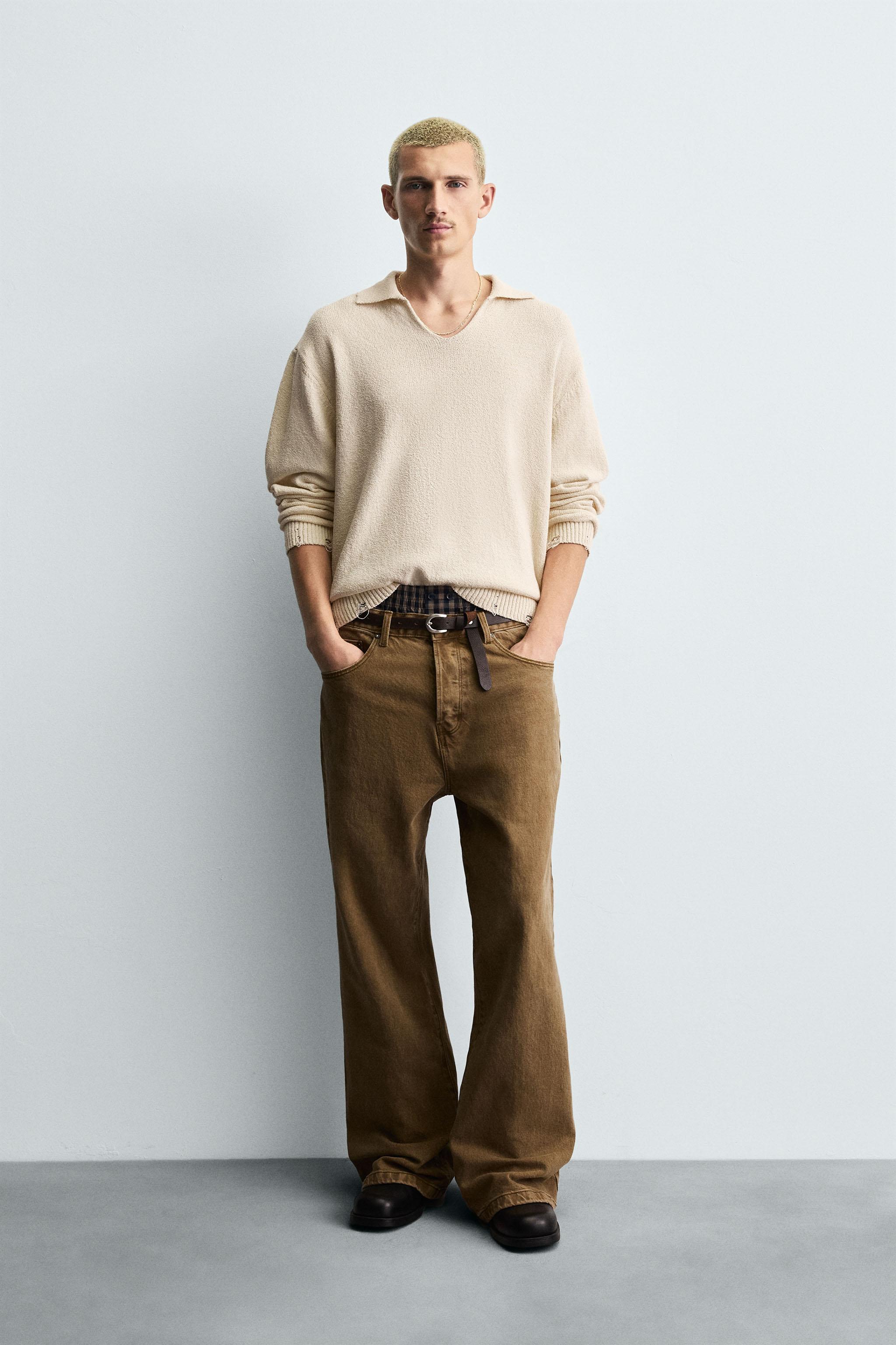 ダメージ加工ニットポロシャツ - エクリュ | ZARA Japan / 日本