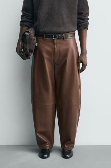LEATHER BALLOON FIT TROUSERS - Brown by Zara