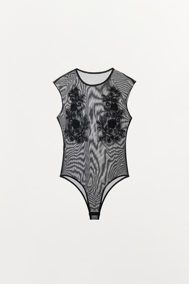 EMBROIDERED TULLE BODYSUIT - Black by Zara - Image 4