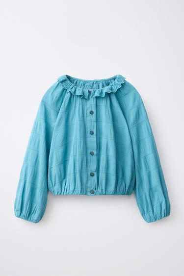 BLUSA COM GOLA SCHIFFLY - Turquesa da Zara