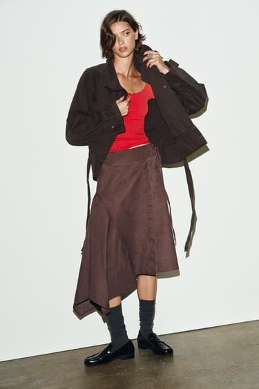 WASHED-EFFECT ASYMMETRIC SARONG SKIRT - Dark burgundy by Zara