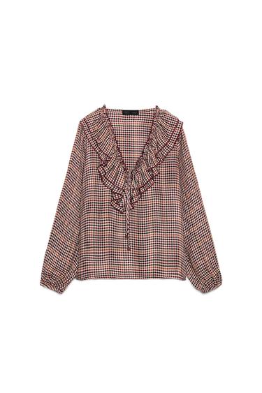 CHECKED BLOUSE WITH RUFFLES - Brown / Ecru by Zara