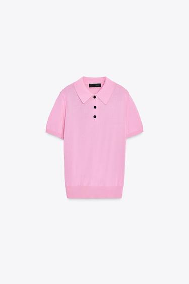 Zara SHORT SLEEVE KNIT POLO TOP - Mid-pink