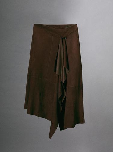 Zara Suede leather midi skirt with ruffle detail - Brown - Image 0