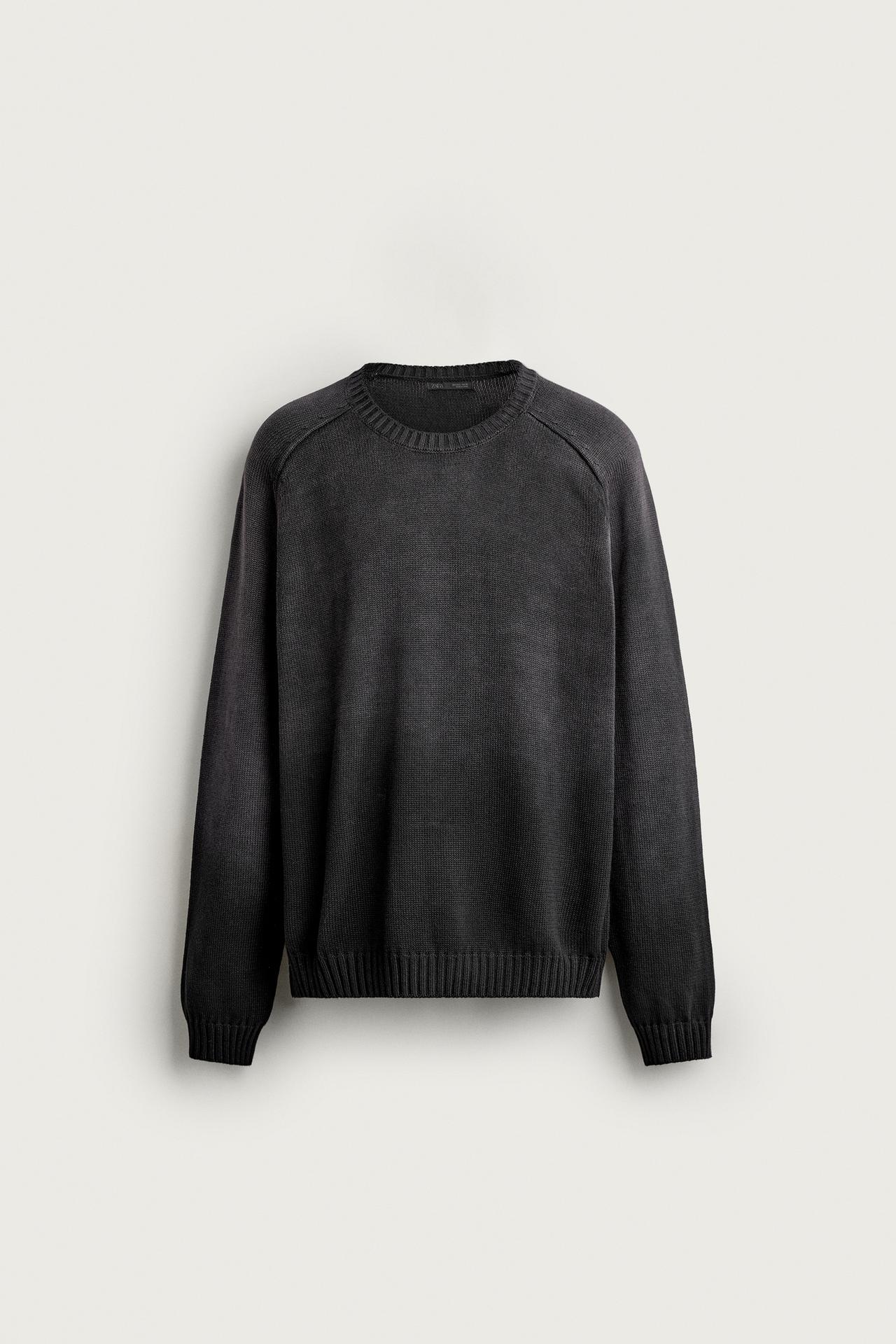100% COTTON WASHED-EFFECT SWEATER — Black
