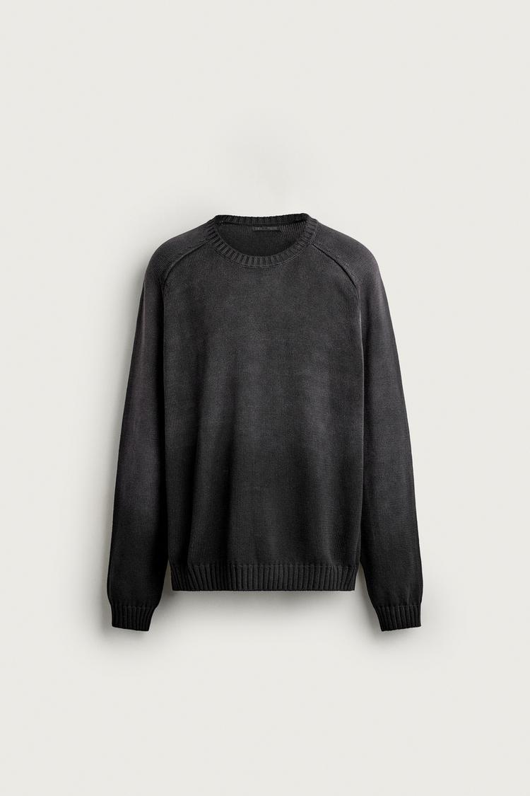 100% COTTON WASHED-EFFECT SWEATER — Black