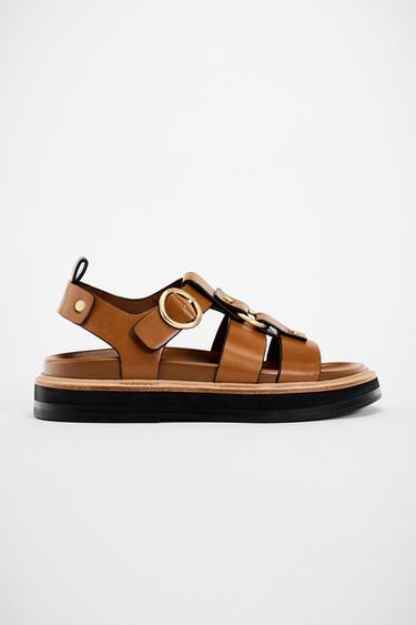 Zara LEATHER SANDALS WITH BUCKLE - Brown