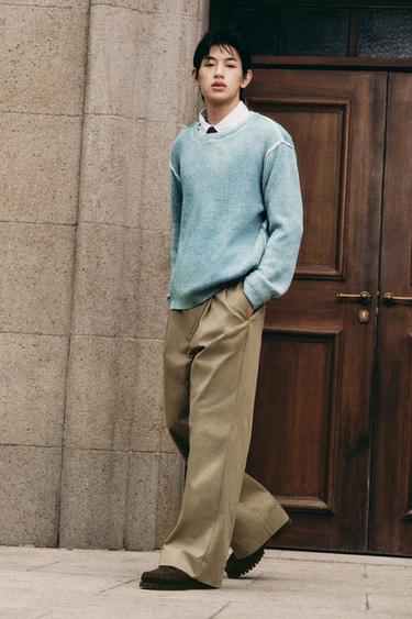 Zara 寬管打褶長褲 - 米色