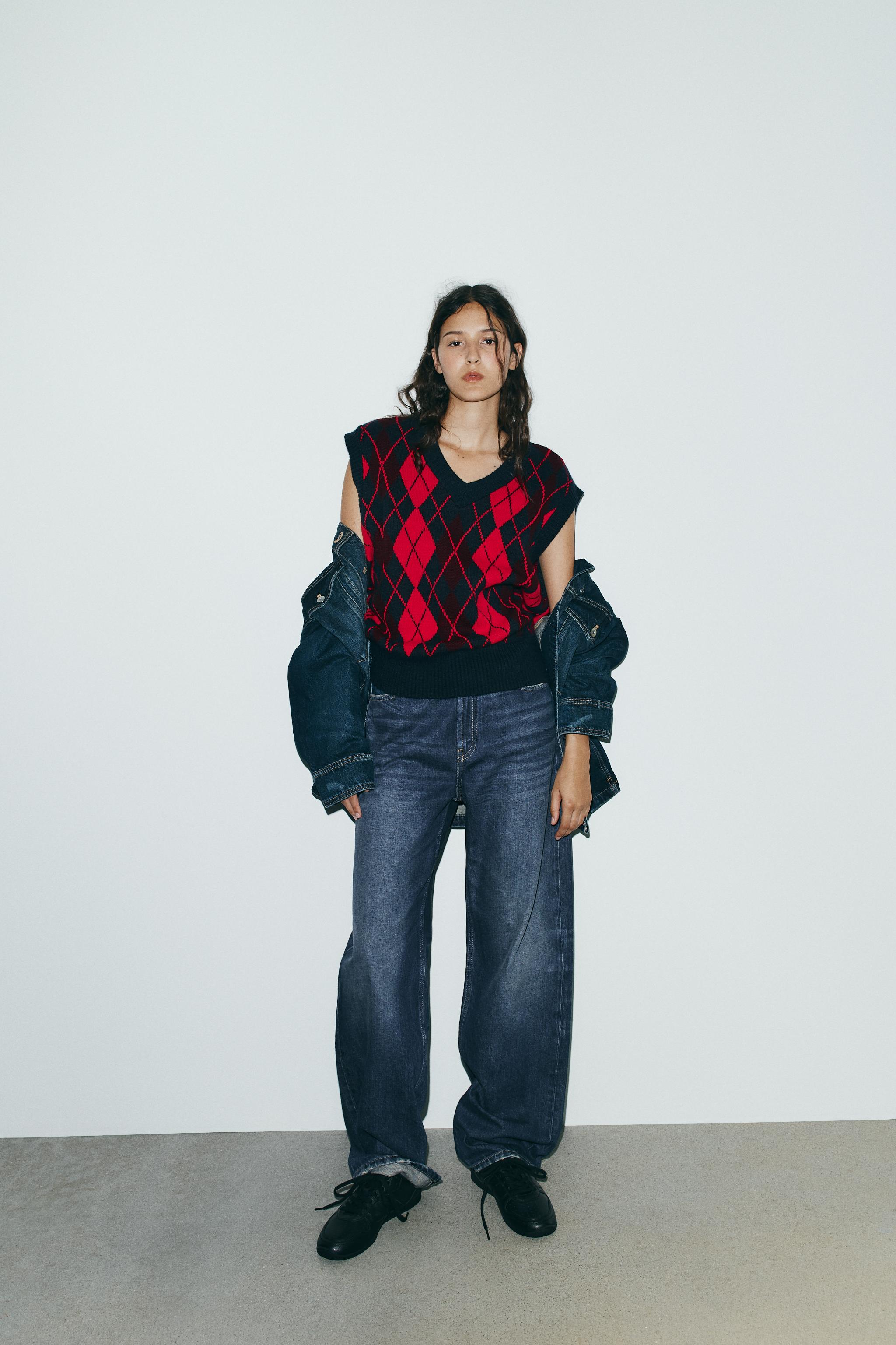 オーバーサイズ ひし形ニットベスト - レッド／紺 | ZARA Japan