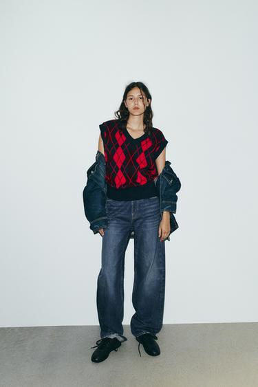 Zara OVERSIZED DIAMOND KNIT VEST - Red / Navy