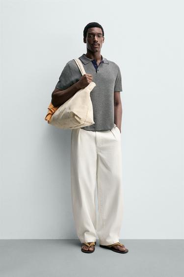 REGULAR FIT KNIT POLO SHIRT WITH CONTRAST - Ecru / Blue by Zara - Image 0