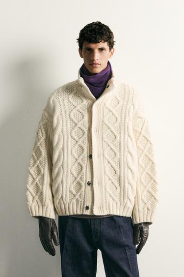 Zara RELAXED FIT CABLE KNIT JUMPER - Oyster-white