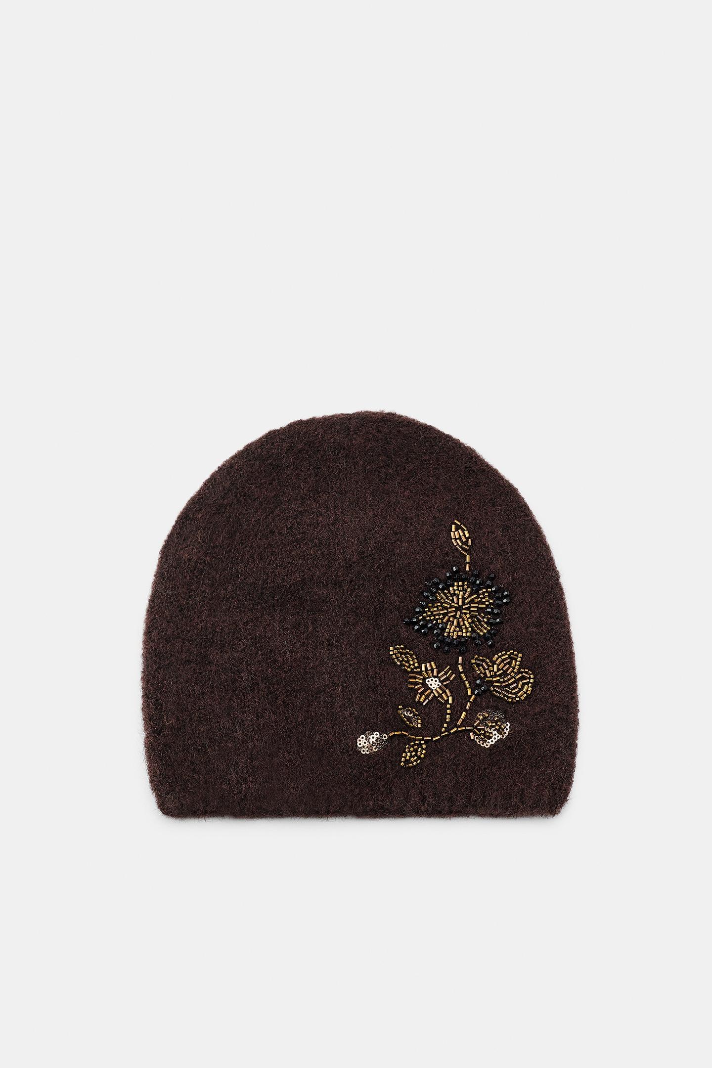 Женская шапка Zara Floral Bead Embroidered, цвет: Коричневый — фото 2