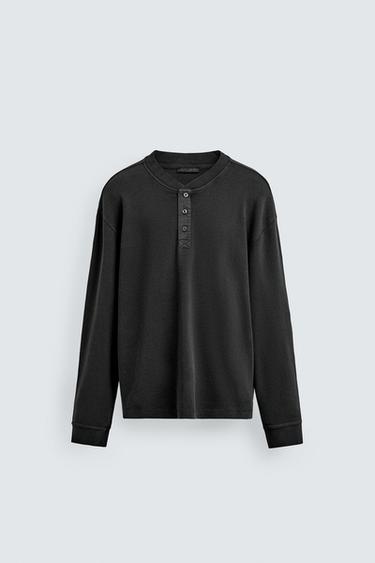 HENLEY NECK WAFFLE-KNIT T-SHIRT - Dark anthracite by Zara