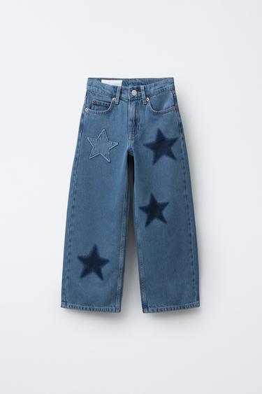 WIDE-LEG JEANS WITH STAR PATCHES - Bluish by Zara