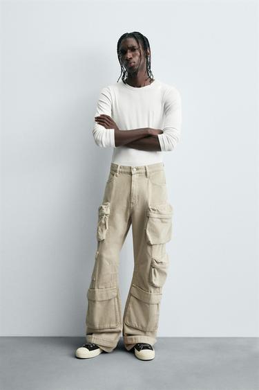 DENIM CARGO TROUSERS WITH POCKETS - camel by Zara - Image 0