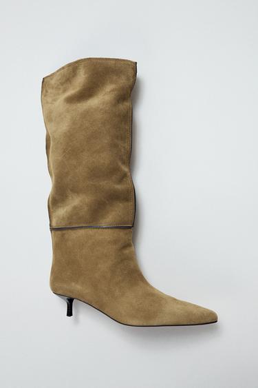 STITCHED SPLIT SUEDE BOOTS - Khaki Green by Zara