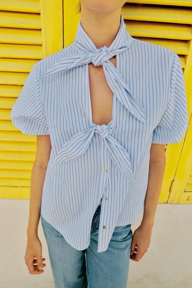 TOP À RAYURES ET LACETS - Blanc / Bleu ciel de Zara - Image 2