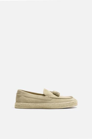 Zara 休閒黃麻真皮樂福鞋 - 米白色