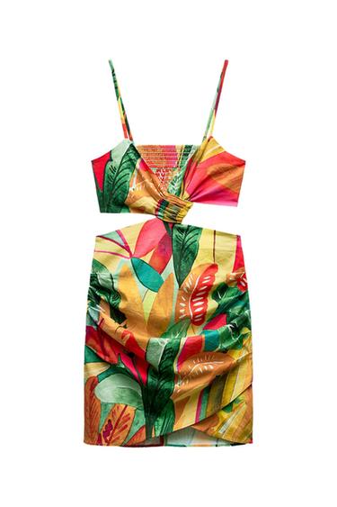 TROPICAL PRINT LINEN BLEND MINI DRESS