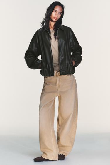 LEATHER EFFECT JACKET WITH ELASTICATED DETAILS - Green marl by Zara