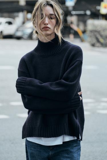HIGH NECK KNIT SWEATER - Navy blue by Zara