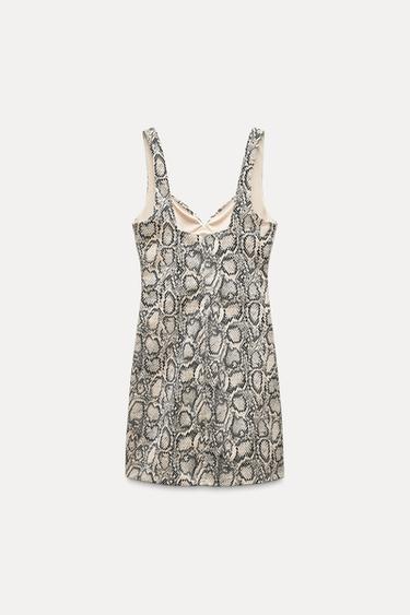 فستان قصير بطبعة حيوانية - أسود / خام الخاص بـ Zara