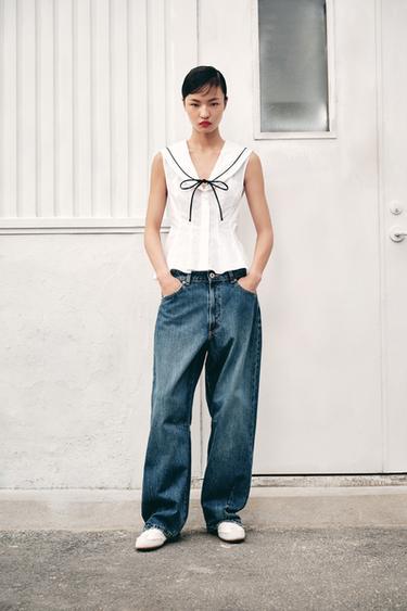 Zara 滾邊蝴蝶結府綢上衣 - 白色 - 圖片 0