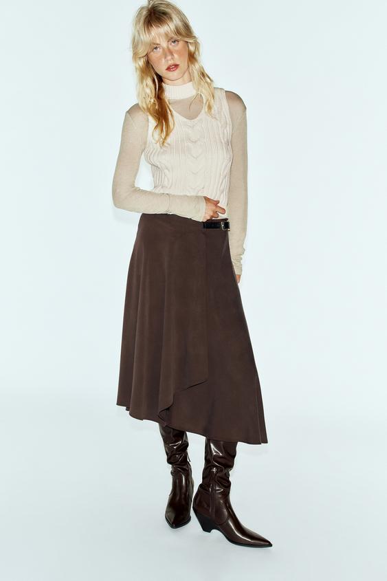 BUCKLED WRAP MIDI SKIRT - Brown by Zara - Image 0