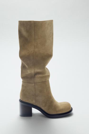 STITCHED SPLIT SUEDE HEELED BOOTS - Taupe Grey by Zara
