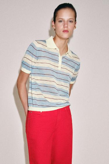 STRIPED KNIT POLO SHIRT - Ecru / Blue by Zara - Image 1