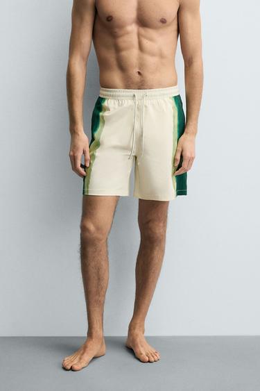 LONG STRIPED PRINT SWIMMING TRUNKS - Ecru by Zara - Image 1