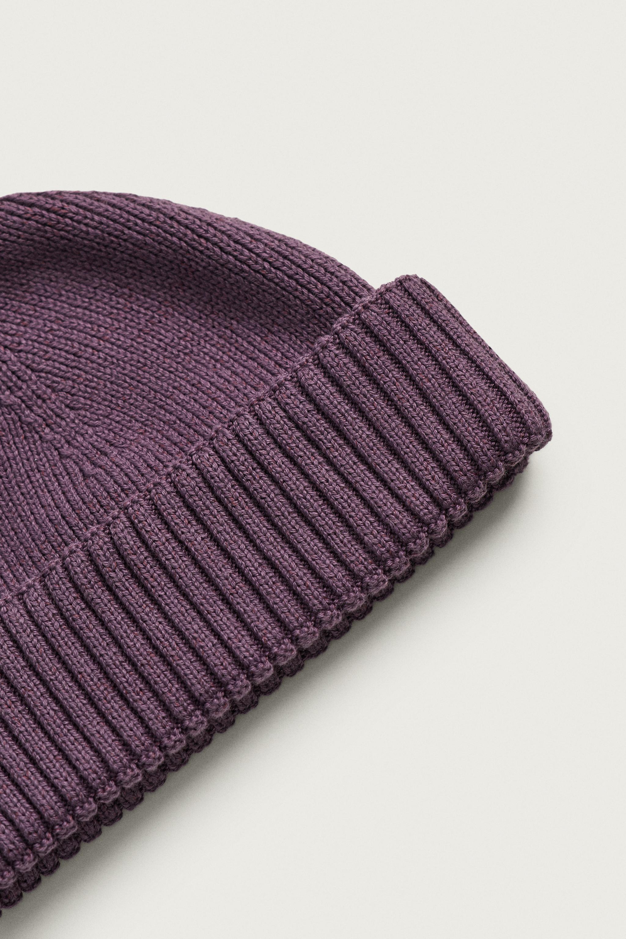 COTTON BLEND SHORT KNIT BEANIE — Purple