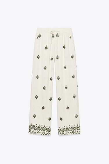 PANTALÓN ANCHO BORDADOS - crudo/kaki de Zara