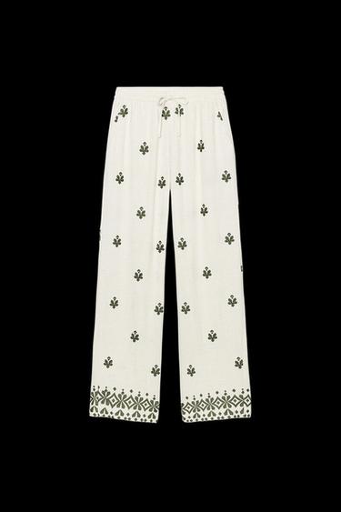 WIDE-LEG EMBROIDERED TROUSERS - ecru/khaki by Zara - Image 0