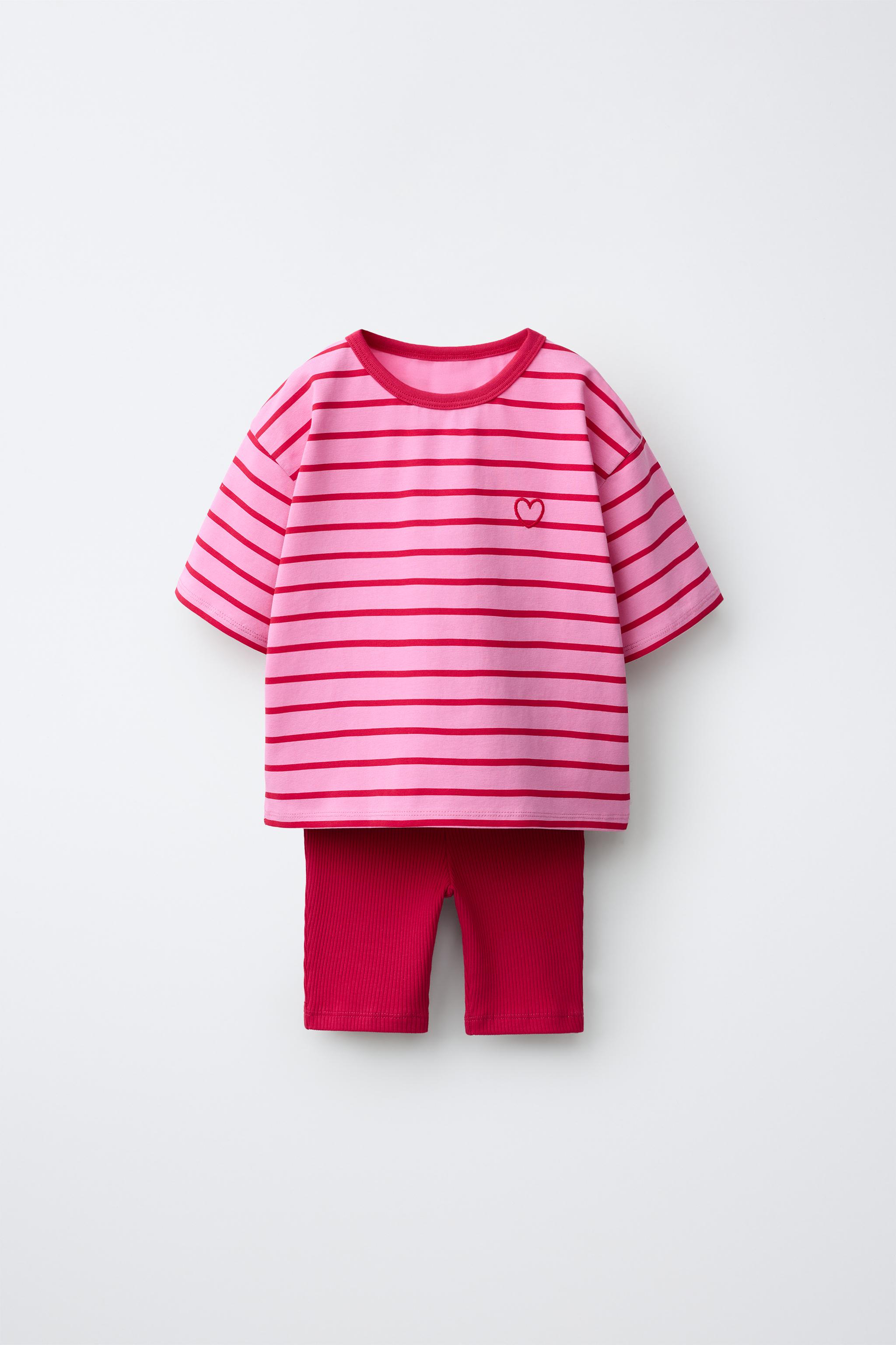 STRIPED T-SHIRT AND BIKER LEGGINGS SET — Light fuchsia