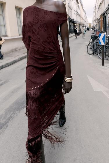 Zara DEVORÉ FRINGED ASYMMETRIC MIDI DRESS - Burgundy