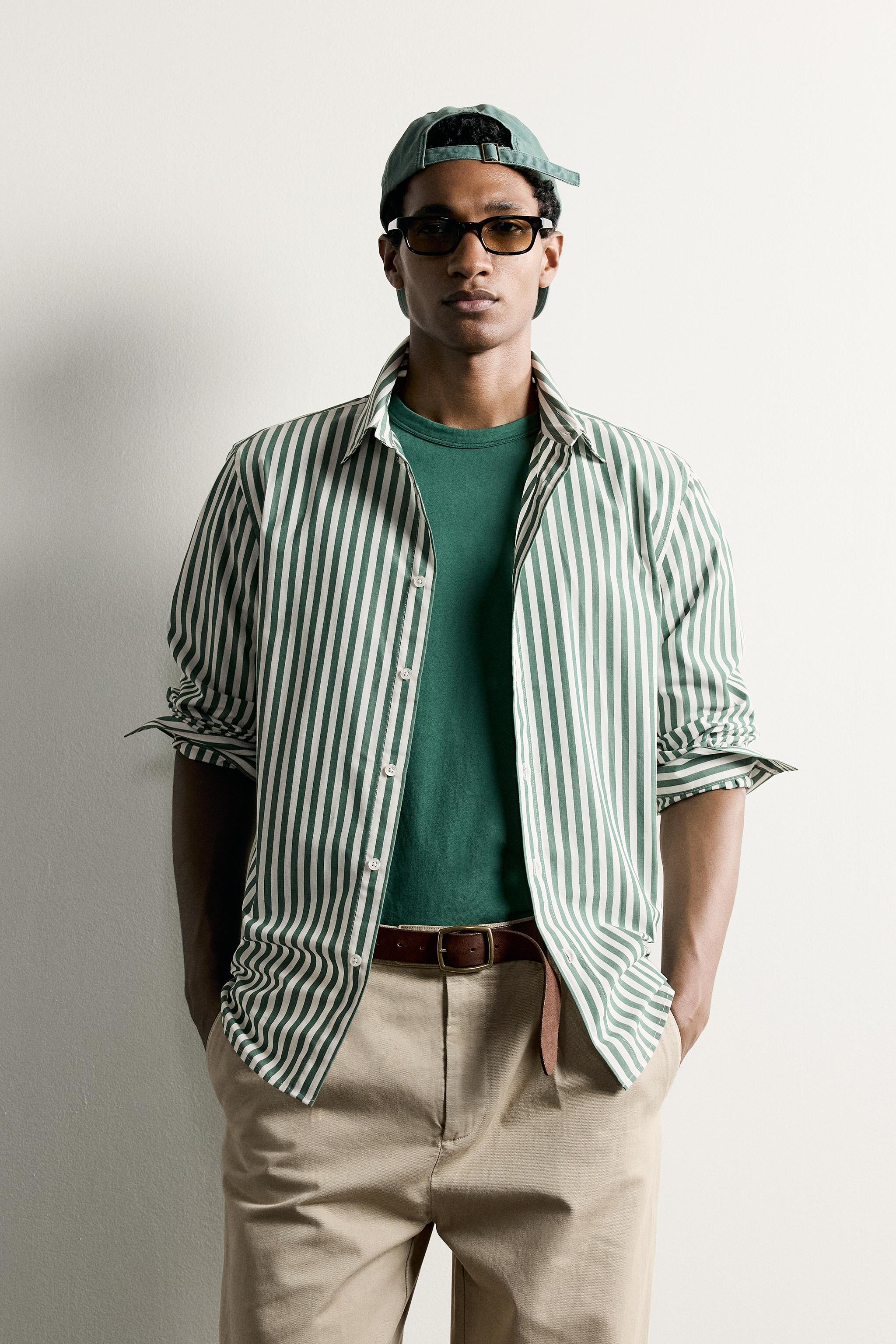 STRIPED RELAXED FIT SHIRT — Green / Ecru