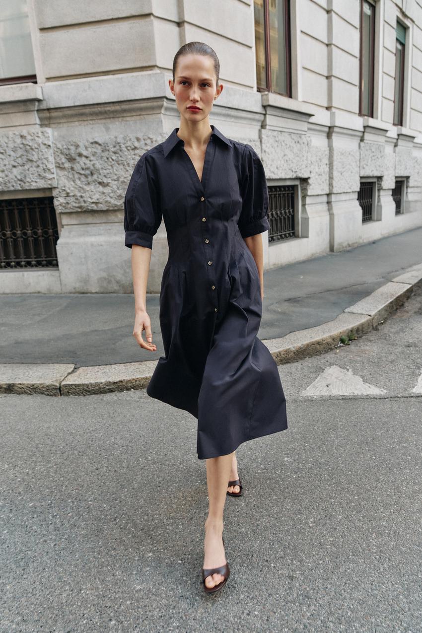 PUFF SLEEVE POPLIN MIDI DRESS - Navy blue | ZARA United States PUFF SLEEVE POPLIN MIDI DRESS - Navy blue | ZARA United States