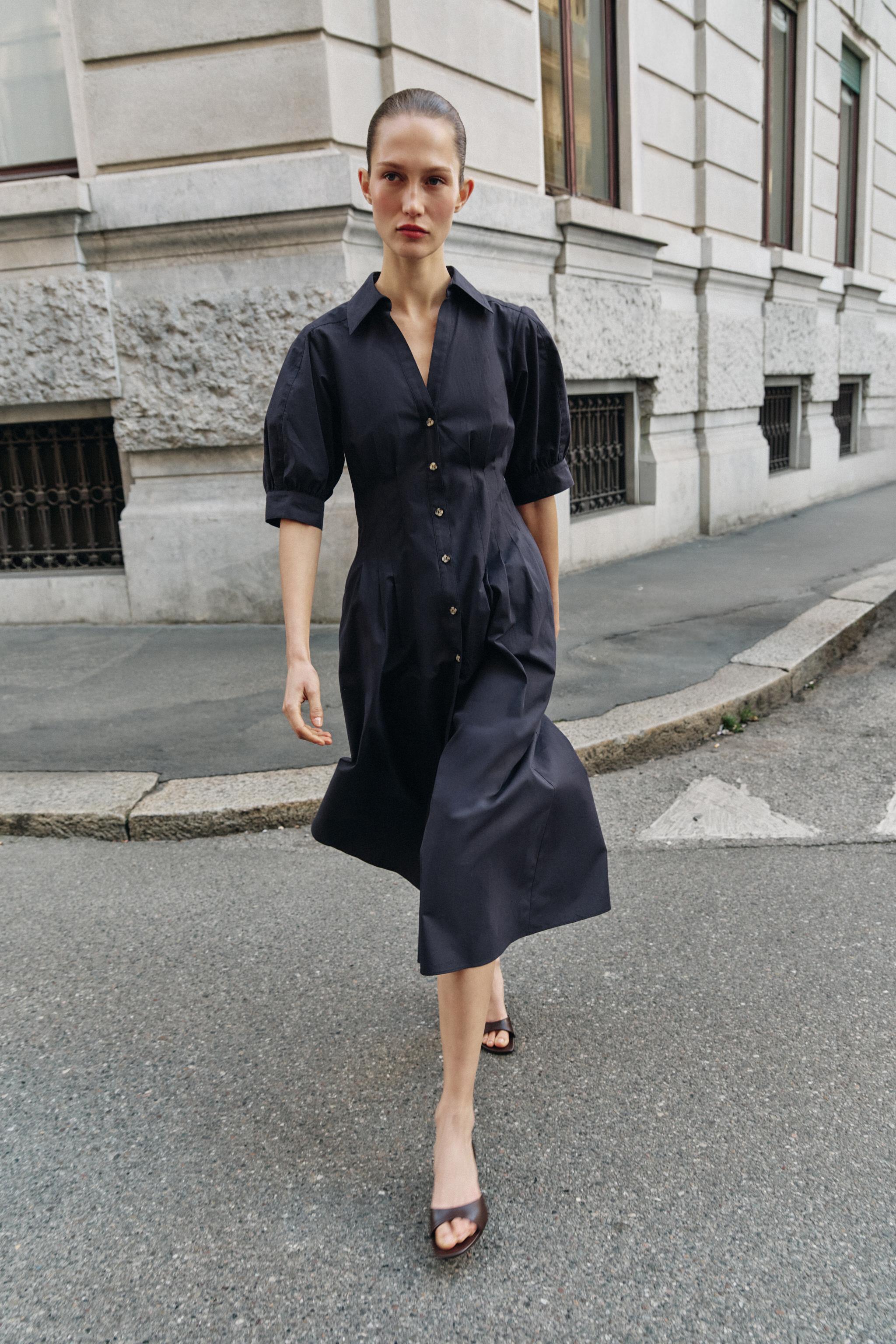 PUFF SLEEVE POPLIN MIDI DRESS
