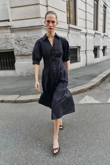 PUFF SLEEVE POPLIN MIDI DRESS - Navy blue by Zara - Image 0