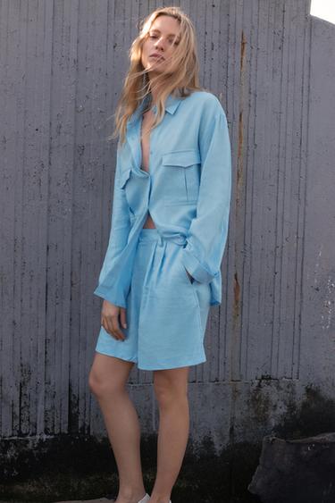 Zara LINEN BLEND SHORTS ZW COLLECTION - Sky blue