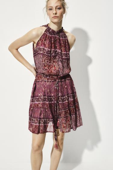 Zara PATCHWORK PRINT MINI DRESS WITH BELT - Fuchsia